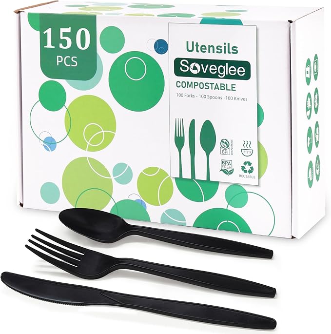 Black No Plastic Silverware, Disposable Compostable Utensils 50 Forks 50 Spoons 50 Knives Disposable Cutlery, Eco Friendly Compostable Utensils, Disposable Forks Spoons Knives Set for Party Office