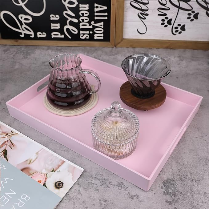SforGUVA Pink Serving Tray for Coffee Table, Rectangular Plastic Decorative Tray with Handles for Entertaining, Outdoor Patio, Living Room, Ottoman, Bathroom Counter, 11.8”*15.7”*1.6”