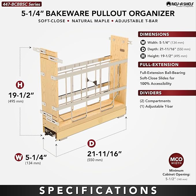 Rev-A-Shelf Pullout Bakeware Organizer w/Soft-Close, Min Opening 5.5" Wide