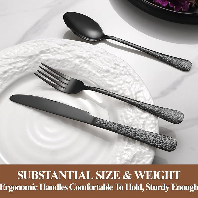 40 Pcs Black Silverware Set for 8, Food Grade Stainless Steel Flatware Set, Eating Utensils Sets Include Fork/Knife/Spoon, Reusable Cutlery Set for Home Kitchen, Dishwasher Safe, Wave Hammered