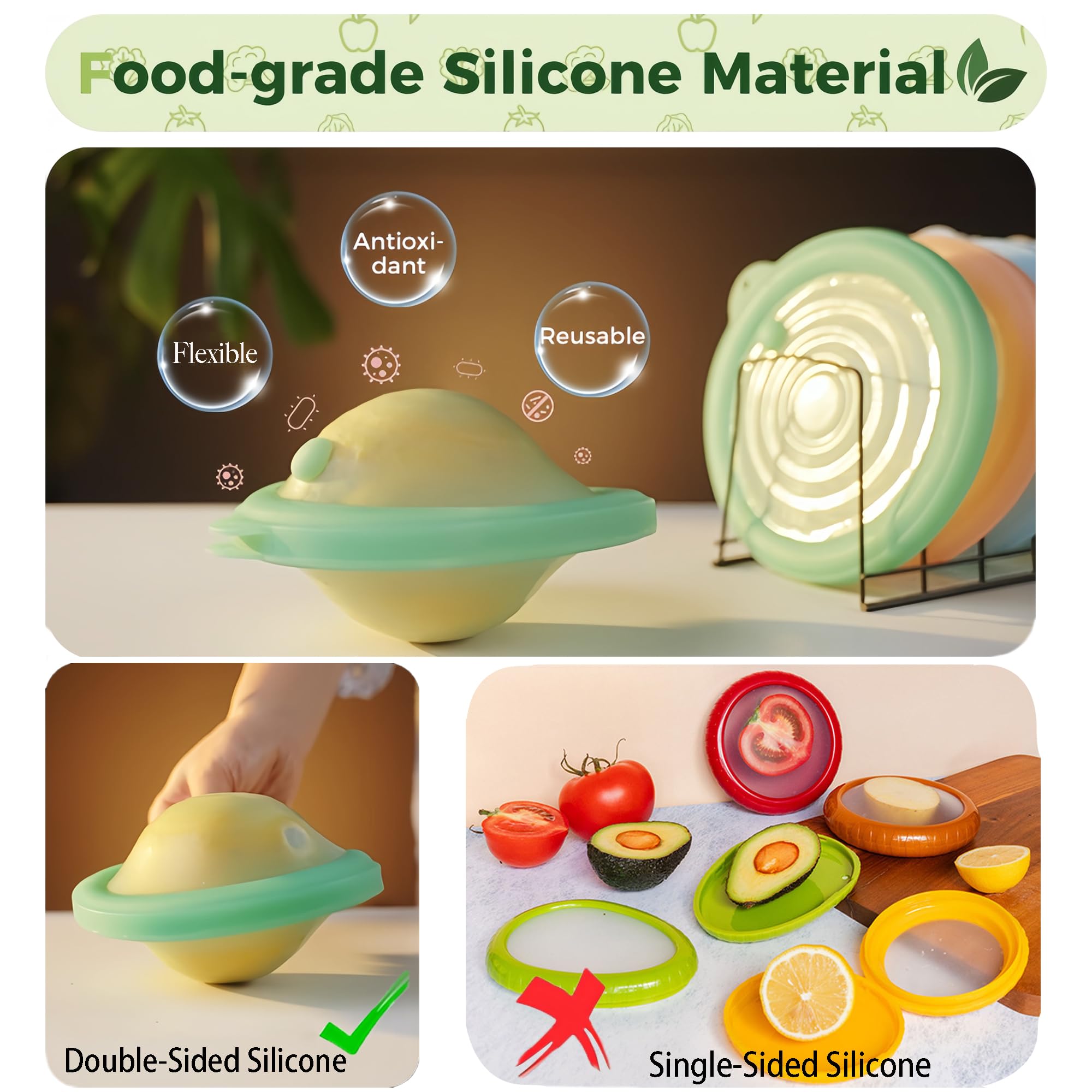 Silicone Reusable Vacuum-Seal Storage Containers for Fridge,Fresh Fruit,Vegetables,Garlic,Onions,Lemons,Potatoes,Meat,for Microwave Oven Heating,Freezer,Dishwasher,Avocado Saver,Tomato Holder,3 Pack