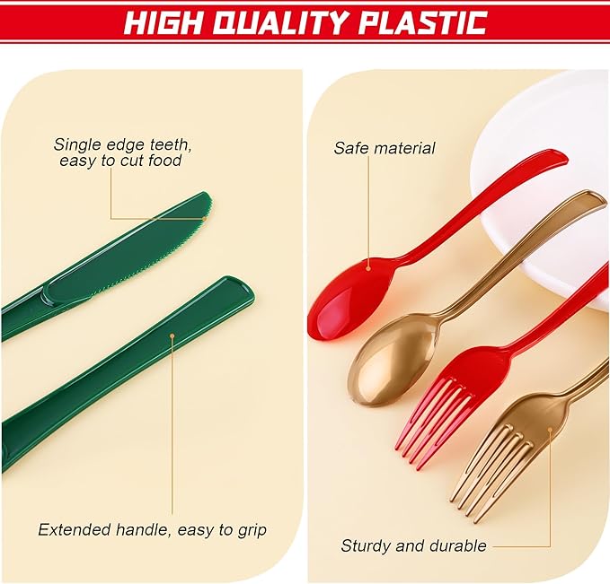 Kochorie 300 Pieces Christmas Plastic Silverware Heavy Duty Plastic Cutlery Set Heavyweight Disposable Flatware Includes Christmas Spoons Knives Forks for Christmas New Year Party