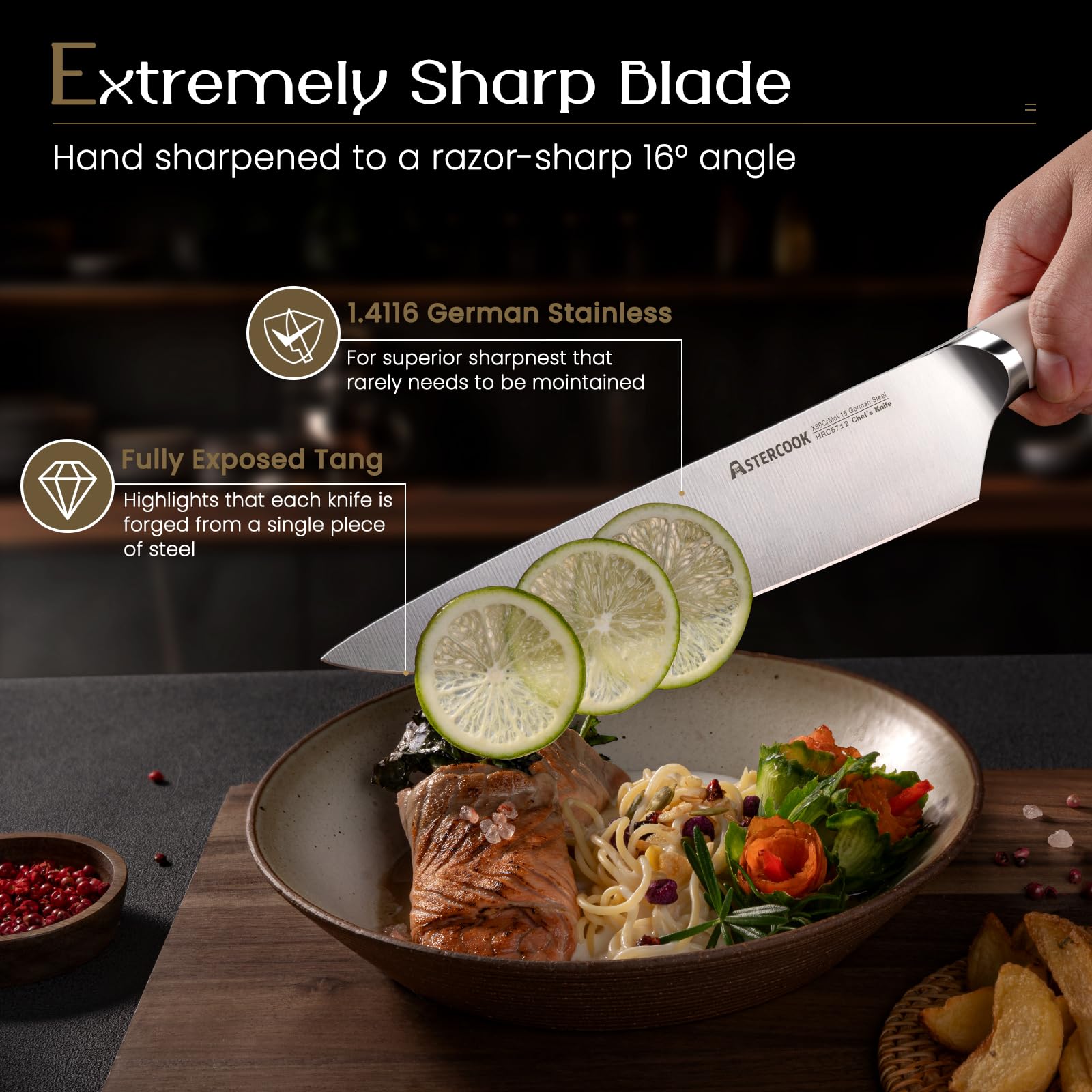 Knife Set, Astercook Kitchen Knife Set with Block, 15 Pcs Luxurious High Carbon German Stainless Steel Knives Set with Full Tang Ergonomic Handle, Dishwasher Safe Knife Set with Sharpening Rod, White