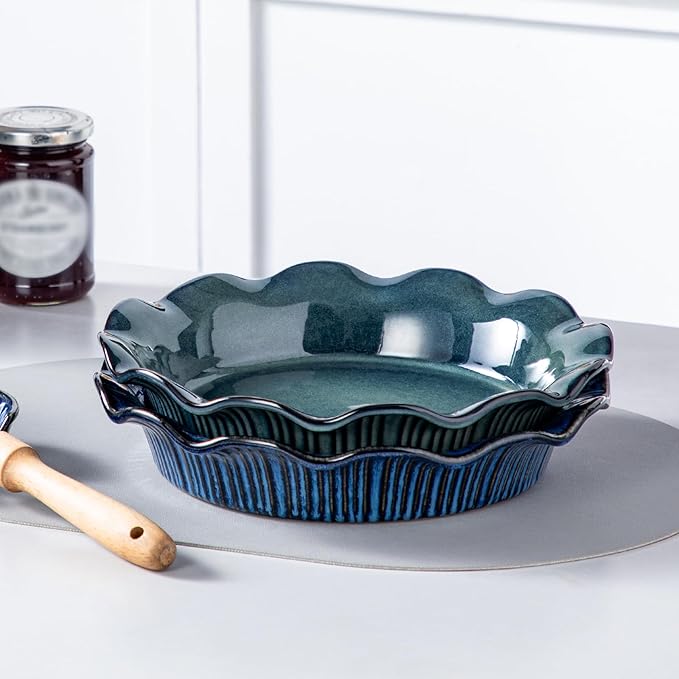 vancasso Ceramic Pie Pan for Baking, 9 inch Deep Pie Plates for Apple Pie, Pot Pie, Tart and Quiche, Reactive Glaze Fluted Pie Pans, Large Pie Dish with Ruffled Edge, Green, STERN Series
