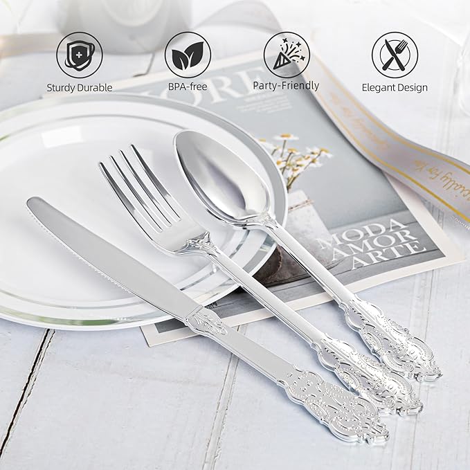 N9R 300PCS Silver Plastic Silverware, Vintage Disposable Utensils & Cutlery