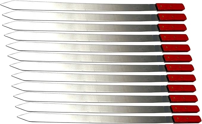 eMart4u Kabob Skewers for Grilling – 1" Wide, 24" Long Flat Stainless Steel BBQ Skewers with Wood Handle | 1 FREE Skewer | Shish Kebab for Persian, Brazilian, Koubideh (12pcs)