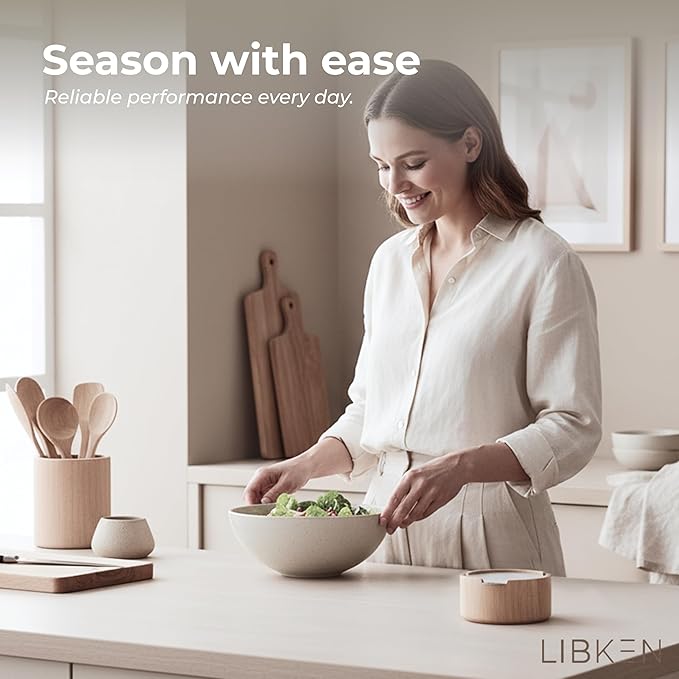 LIBKEN Wooden Salt Box with Stainless Steel Lid & Spoon – Rubberwood Keeper to avoid Dust, Minimal Scandinavian Bowl for Pepper, Spices, Herbs and Salt Storage Container - Wooden