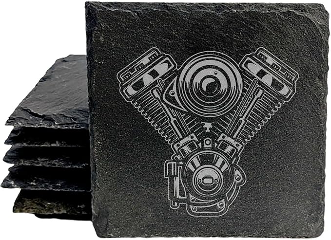 Engraved V-Twin Engine Slate Coasters Set of 4 – Square – USA Made