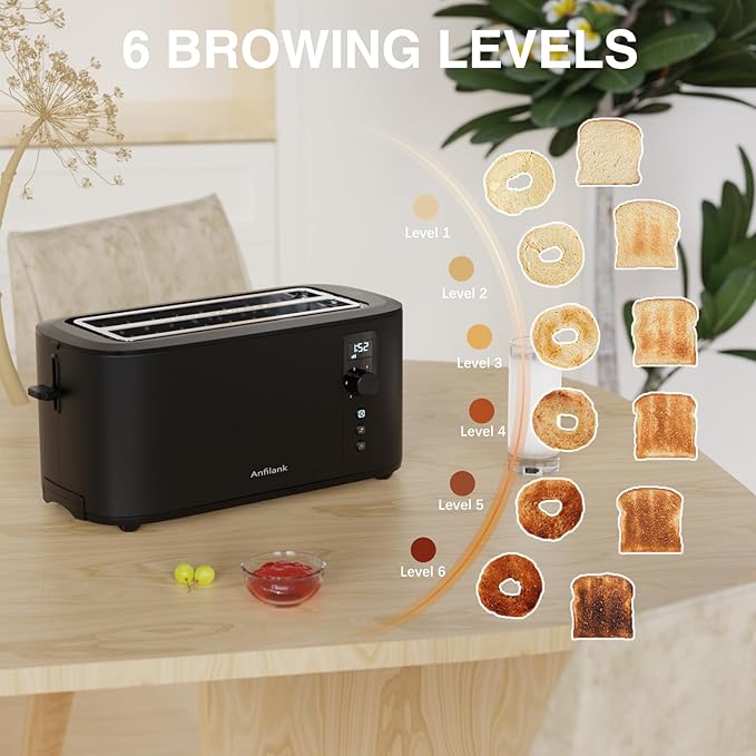 Anfilank Toaster 4 Slice Long Extra Wide Slot 1.5" with Countdown Timer, 6 Browning Settings, Built-in Warming Rack, Bagel/Cancel/Defrost Functions, Removable Crumb Tray-Matteblack
