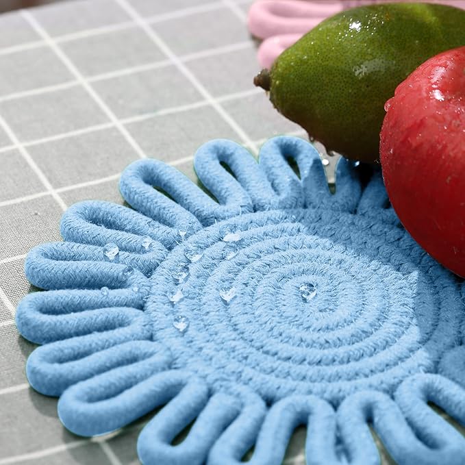 7.5 Inch Trivets for Hot Dishes, Trivet for Pots and Pans, Thick Heat Resistant Hot Pads, Potholders for Kitchen, Colorful Boho Trivets, Table Decorations, Kitchen Essentials for New Home (Blue)