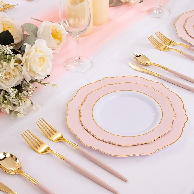 Rubtlamp 90Pcs Gold Plastic Silverware, Fancy Utensils Set With Pink Handles Include 30 Gold Knives, 60Plastic Forks and Spoons, Pink Silverware Heavy Duty For Mother's Day