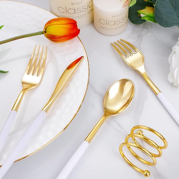 I00000 300 Pcs Gold Plastic Silverware Set, Gold Utensils with White Handle
