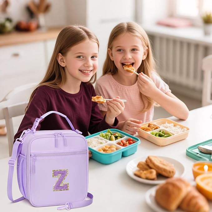 CLOUDWINGS Initial Insulated Lunch Bag for Girls Kids, Back to School Gift, Reusable Leak-proof Lunch Box with Adjustable Strap for School Daycare Travel Picnic (Purple,Z)