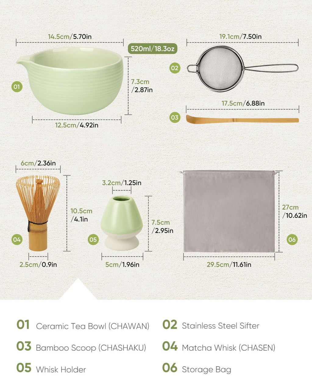 Joiish Matcha Whisk Set, 5-PC Matcha Kit Gift, Light Green