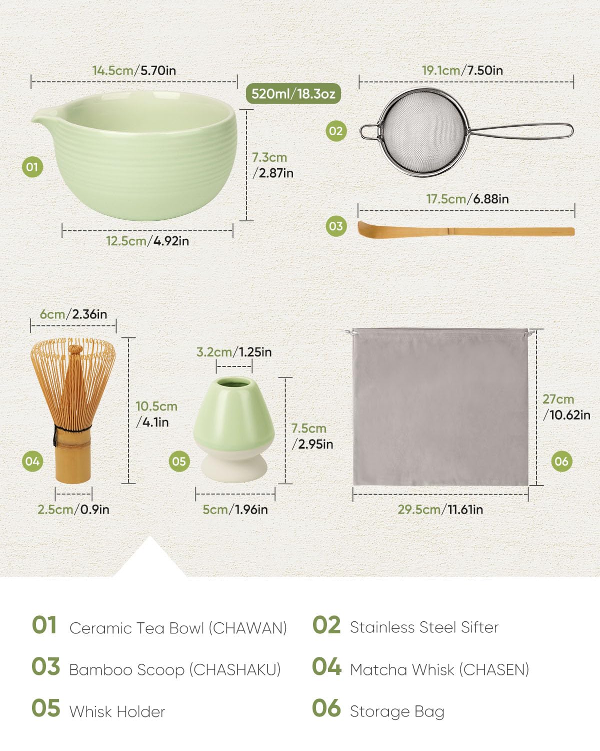 Joiish Matcha Whisk Set, 5-PC Matcha Kit Gift, Light Green