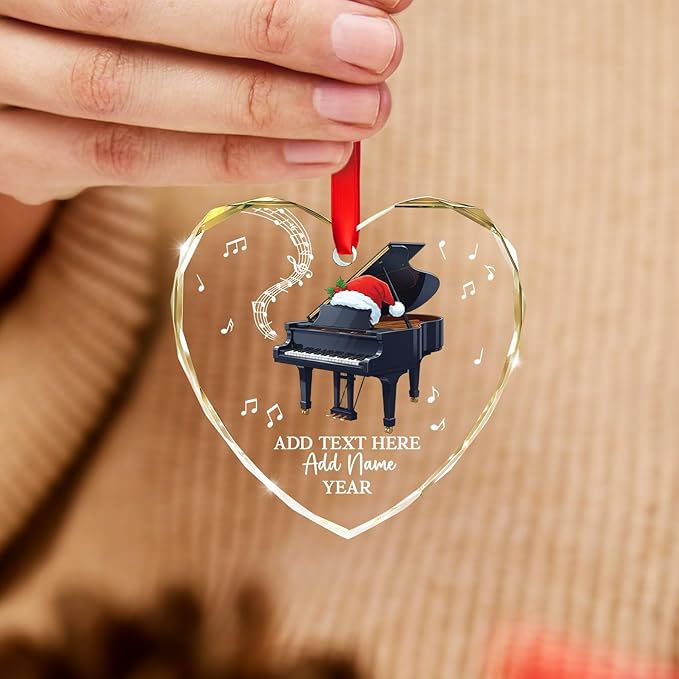 Customized Text Name & Year Piano Christmas Glass Ornament, Piano Lover Christmas Ornaments 2026, Personalized Pianist Xmas Tree Ornament, Musical Instrument Xmas Decor Gift for Son Daughter