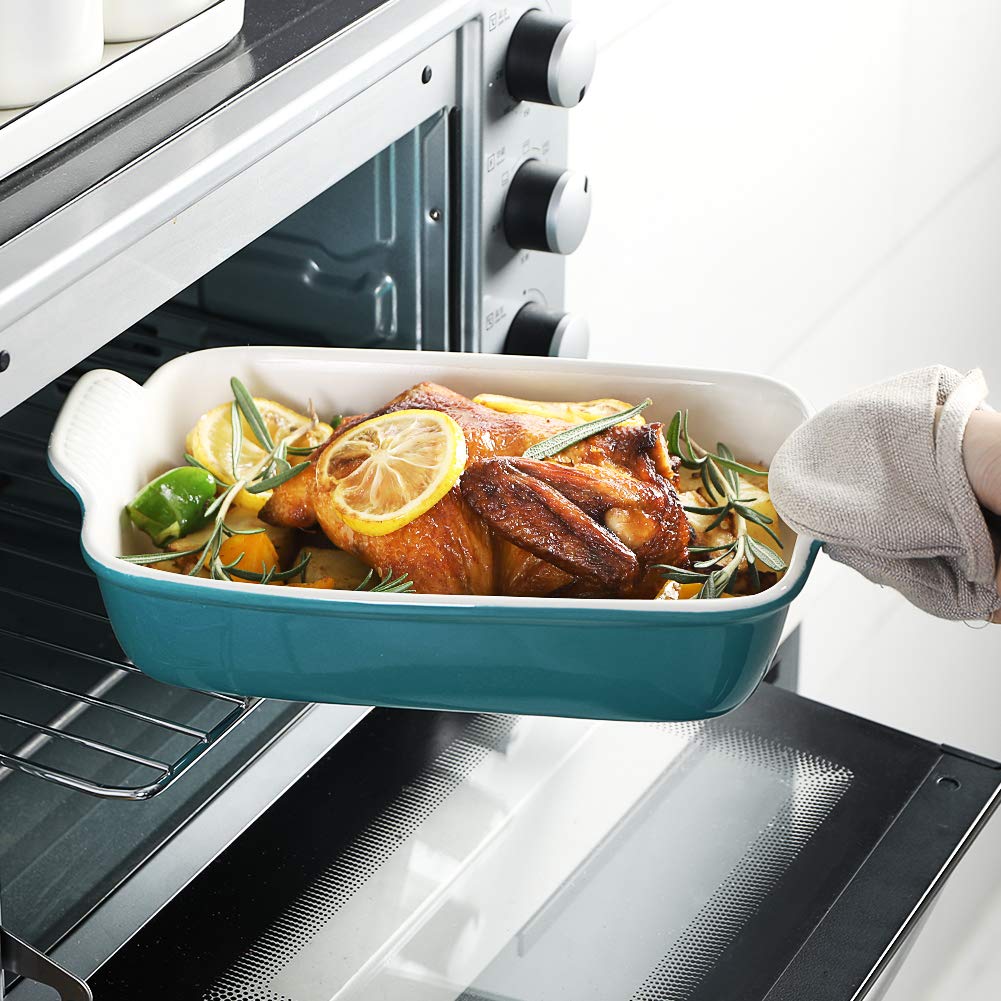Sweejar Baking Pans Set, Ceramic 9x13 Baking Dish with Handle, Rectangular Casserole Dishes for Oven, Bakeware Sets of 3, Durable Lasagna Pan Deep for Kitchen, Banquet, Wedding Gift(Turquoise)