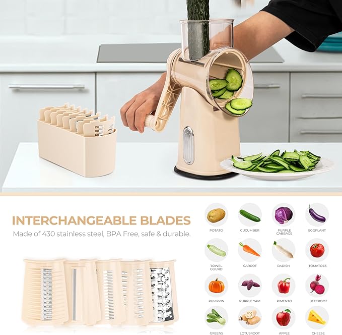 SUSTEAS Rotary Cheese Grater 5 Blades,Kitchen Mandoline Vegetable Slicer