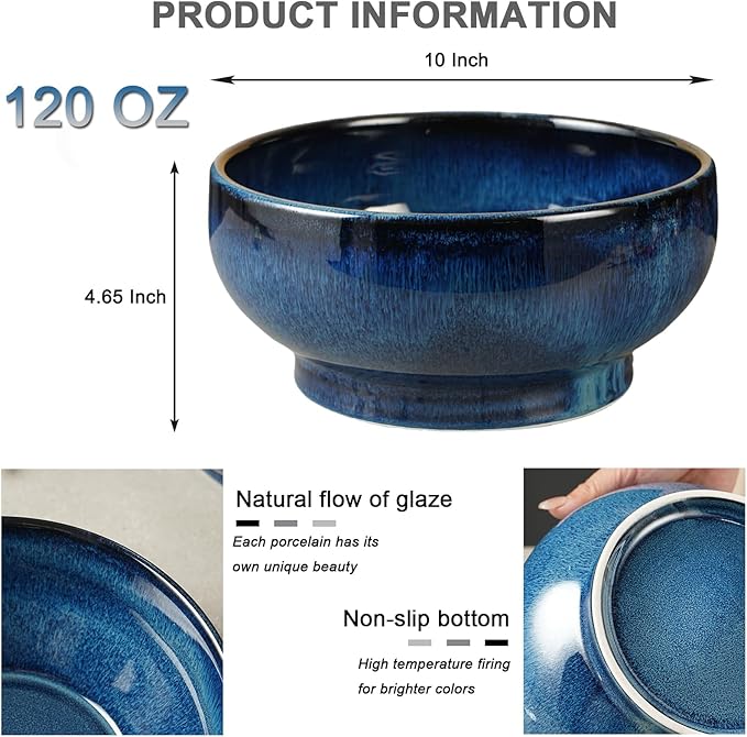 STE-CER Extra Large Salad Bowl,Decorative Fruit Bowl,Kitchen Ceramic Bowl for Fruit & Salad,120 oz Footed Serving Bowl for Entertaining (starry blue)