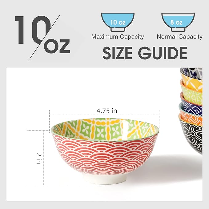 Metahom Dessert Bowls, Small Colorful Bowls 10 Oz, Ceramic Bowl Set for Ice Cream, Decorative Bowls for Snack Soup Condiments, Side Dishes, Set of 6