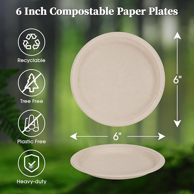 ECOLipak 6 in 200 Pack Natural Disposable Compostable Dessert Paper Plates