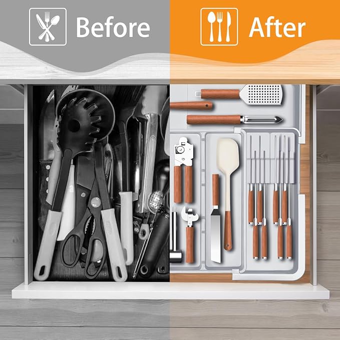 Homecor Large Utensil Organizer for Kitchen Drawer, Expandable Silverware Drawer Organizer Cooking Tray, Cutlery and Flatware Utensil Holder Kitchen Spatula Tools Storage with 3 Dividers, Grey
