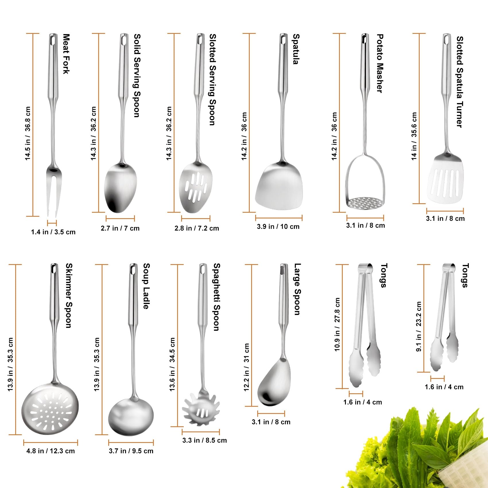304 Stainless Steel Cooking Utensils Set, 12 Pcs Long Stainless Steel Kitchen Utensils Set, Metal Cooking Utensils Set with Potato Masher, Spoon, Ladle, Skimmer, Pasta Server etc(Dishwasher Safe)