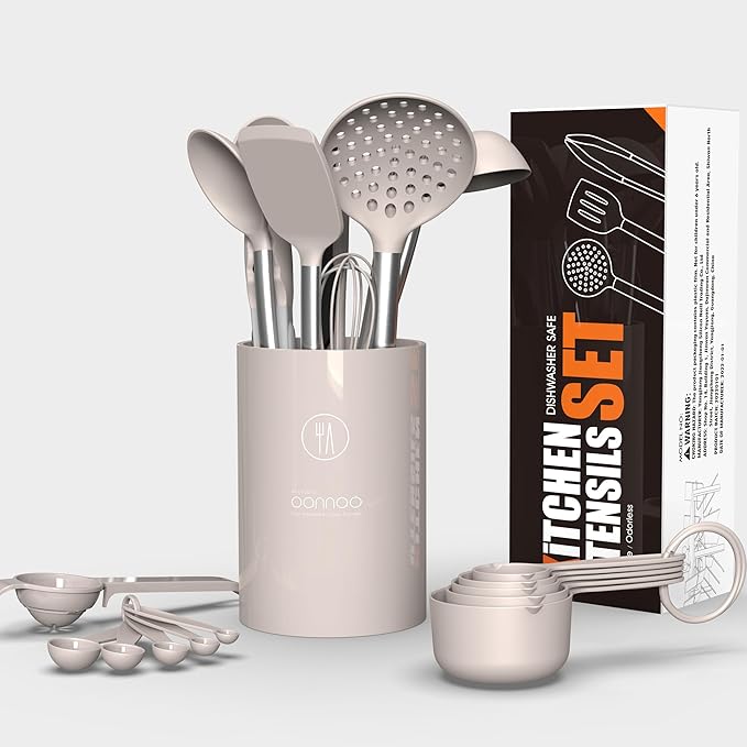 oannao Large Silicone Cooking Utensils Set - Heat Resistant Kitchen Utensils,Turner Tongs,Spatula,Spoon,Brush,Whisk,Stainless Steel Cooking Tool for Nonstick Cookware,Dishwasher Safe (Khaki)