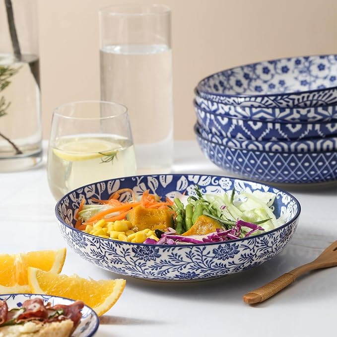 Selamica Ceramic Dinnerware Sets for 6, 24 Piece Plates and Bowls Sets, Scratch Resistant Dishes Set-Dishwasher & Microwave & Oven Safe, Vintage Blue