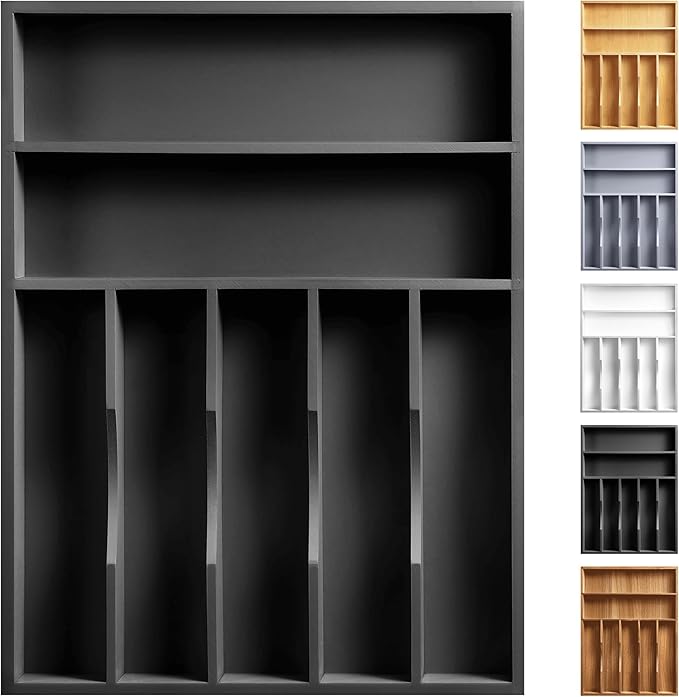 oridom Kitchen Bamboo Silverware Organizer, Kitchen Drawer Organizer - Utensil Holder and Cutlery Tray with Grooved Drawer Dividers for Flatware 7 Slot, Black