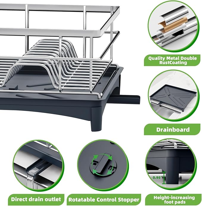 TITIMIO Dish Drying Rack - Space-Saving Dish Rack for Kitchen Counter with Removeable Cutlery Holder,Rustproof & Sturdy Auto-Drain Organizer for Plates,Cups,Knife,Silvery