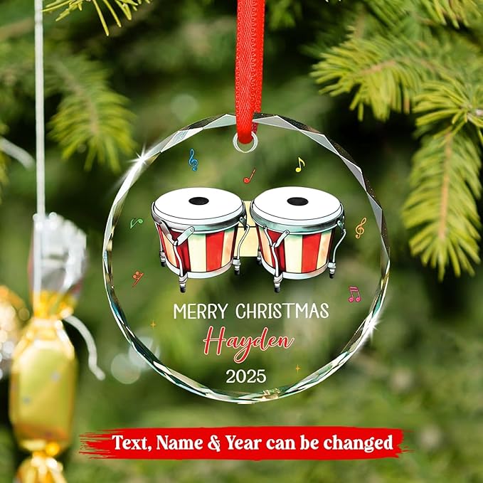 Bongo Drum Player Christmas Ornament Gifts, Personalized Text & Name Musical Instrument Glass Ornament Xmas Tree 2026, Bongo Glass Ornaments Gifts for Drummer Music Lovers, Custom Musician Ornaments