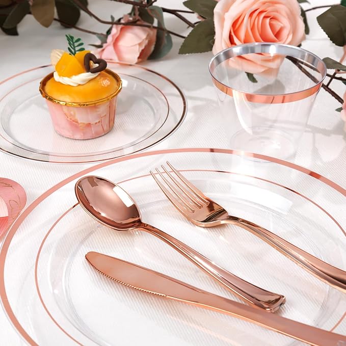 bUCLA 600PCS Clear Rose Gold Plastic Dinnerware Set Disposable - Include 100 Dinner Plates, 100 Dessert Plates, 100 Knives, 100 Forks, 100 Spoons, 100 Cups for Party & Wedding