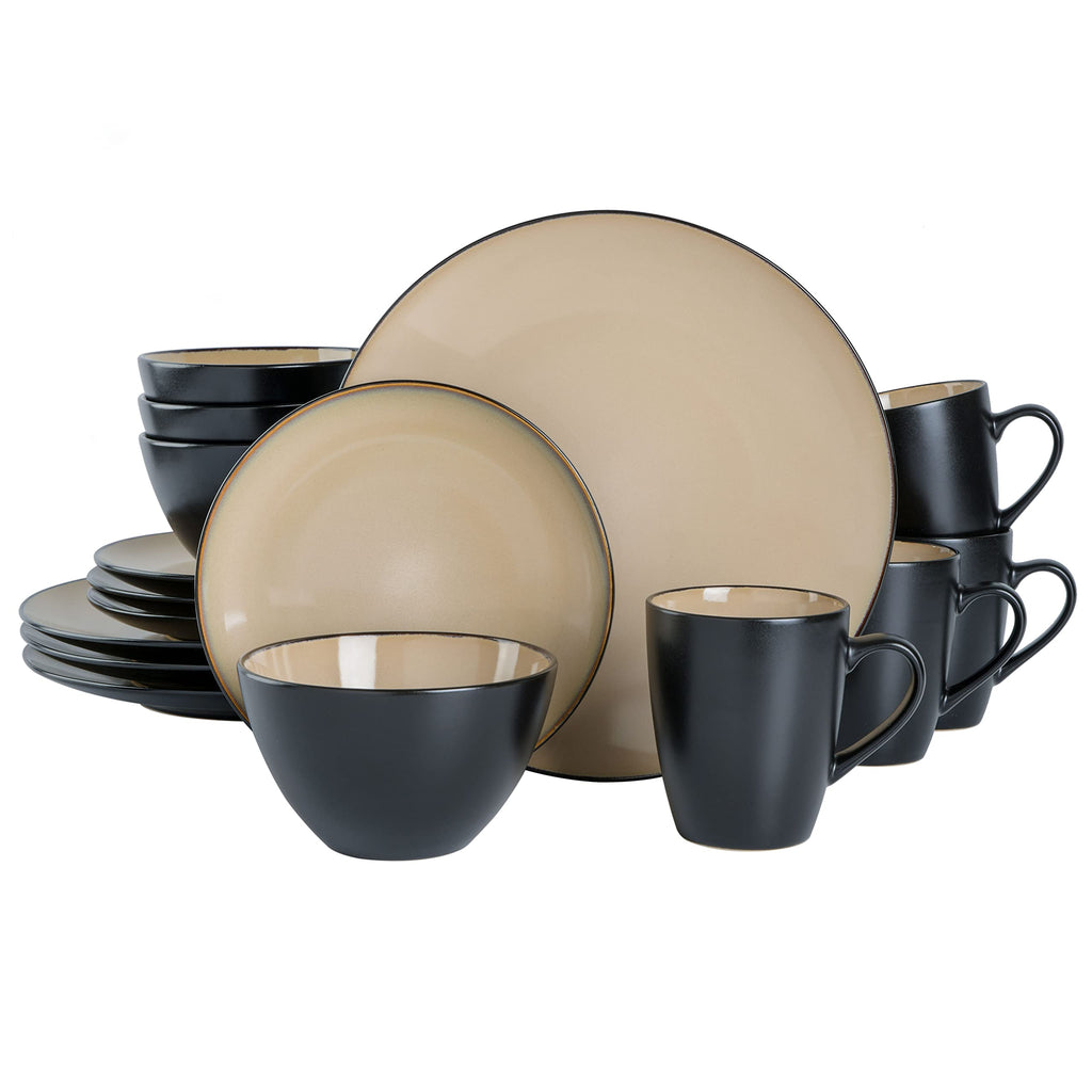 Gibson Elite Soho Lounge 16-Piece Round Reactive Glaze Stoneware Dinnerware Set, Service for 4 – Taupe Plates and Bowls
