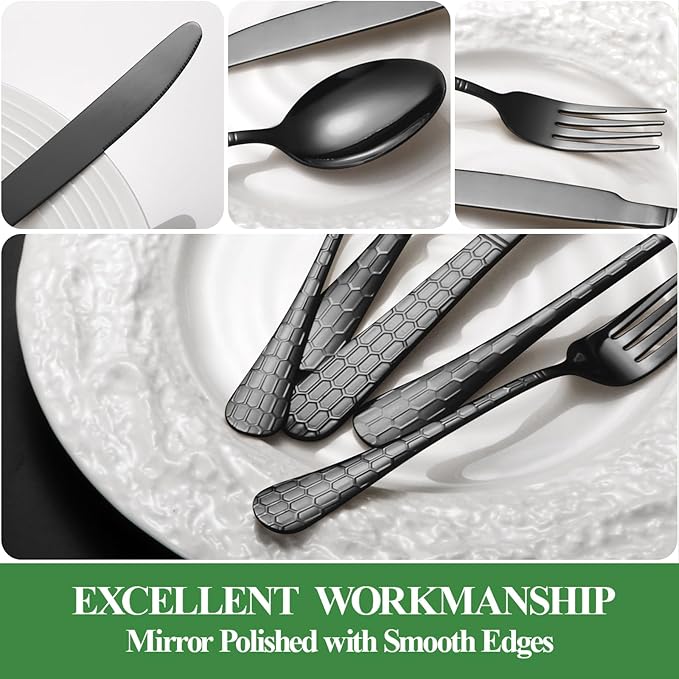 40 Pcs Black Silverware Set for 8, Food Grade Stainless Steel Flatware Set, Eating Utensils Sets Include Fork/Knife/Spoon, Reusable Cutlery Set for Home Kitchen, Dishwasher Safe, Round Hammered