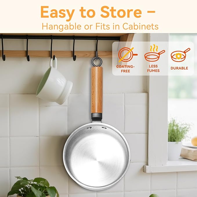 WANGYUANJI 1.8 Quart Stainless Steel Saucepan with Lid, Tri-Ply Steel Small Sauce Pan, Coating-Free Interior, Hammered Finish, Induction Compatible Soup Pot with Tempered Glass Lid & Wood Handle