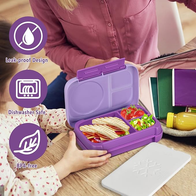 JXXM Bento Box for Kids,Kids Bento Lunch Box with Built-in Ice Pack for School,3 Compartments Leak Proof Lunch Container with Utensils for Girl Boy;BPA Free,Microwave & Dishwasher Safe, 44oz(Purple)