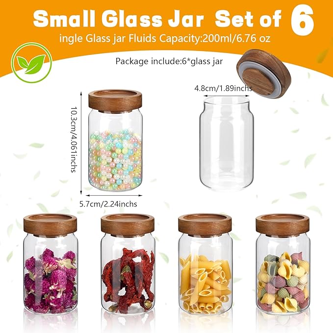 Patoper 6oz Small Glass Jars with Wood Lid Spice Jar Round Food Storage Canister Clear Glass Containers Jar for Ground Seasoning Pantry Sugar Tea Coffee Bean Spice Herb Cookies(6 * 200ml(6.76oz))