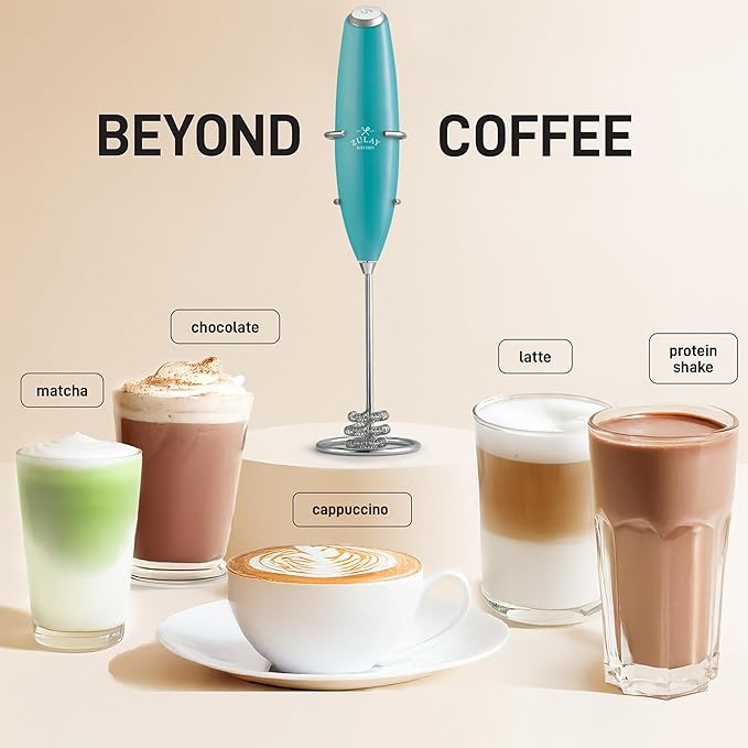 Zulay Kitchen Powerful Milk Frother Wand With Duracell Batteries - Ultra Fast Handheld Drink Mixer - Electric Whisk Foam Maker for Coffee, Lattes, Cappuccino & Matcha - Triple Whisk - Queen Turquoise