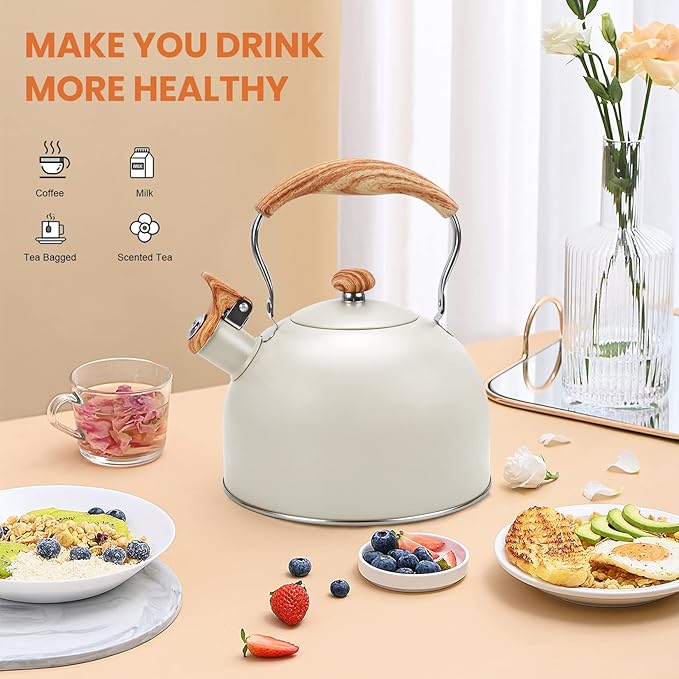 Foedo 3.2Qt Stainless Steel Whistling Tea Kettle Stovetop, Beige