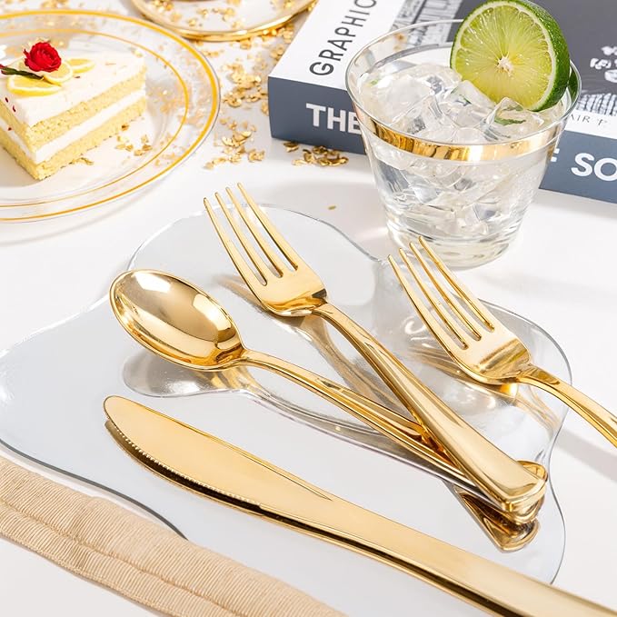 bUCLA 600PCS Clear Plates with Gold Trim - Clear Gold Dinnerware Set Disposable Include 100 Dinner/100 Dessert Plates, 100 Knives, 100 Forks, 100 Spoons, 100 Cups for Wedding, Party