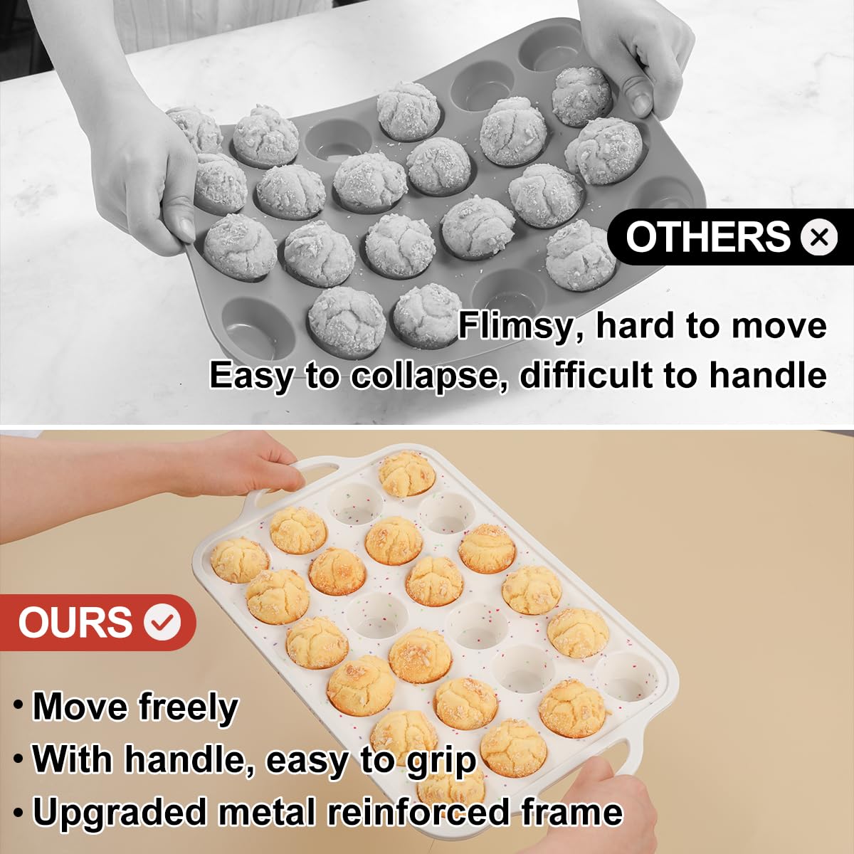 CAKETIME Mini Cupcake Pans, Metal Reinforced Frame Silicone Mini Muffin Pan Nonstick 24 Cups Easy to Handle for Baking Muffins, Cupcakes, Egg Bites 1 Pack