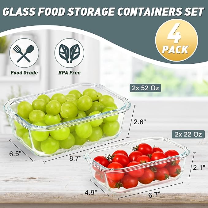 KOMUEE 4 Pack 52oz+22oz Large Glass Food Storage Containers Set with Lids