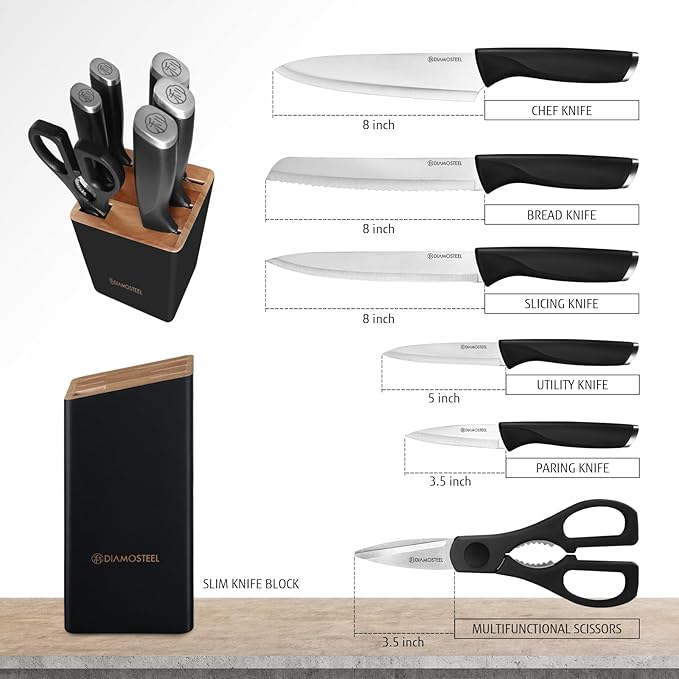 Diamosteel Black Knife Set with Wooden Block, 7-Piece Sharp Knife Block Set
