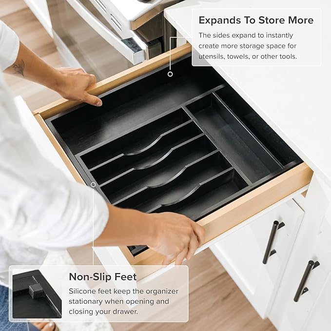 KitchenEdge Silverware & Utensil Drawer Organizer, 10.5-19 in, Black Bamboo