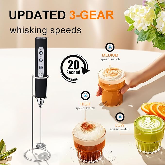 YUSWKO Handheld Milk Frother Wand for Coffee, Rechargeable Electric Whisk with 3 Heads 3 Speeds Drink Mixer Coffee Frother For Latte, Cappuccino, Hot Chocolate, Egg, Black with Holder