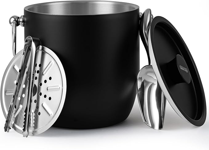 Golden Cudgel Insulated Ice Bucket, 3L Double Wall Stainless Steel Ice Bucket with Tongs,Lid, Scoop and Strainer, Ice Buckets for Parties,Cocktail Bars, Chilling Beer, Champagne, Wine Bottles
