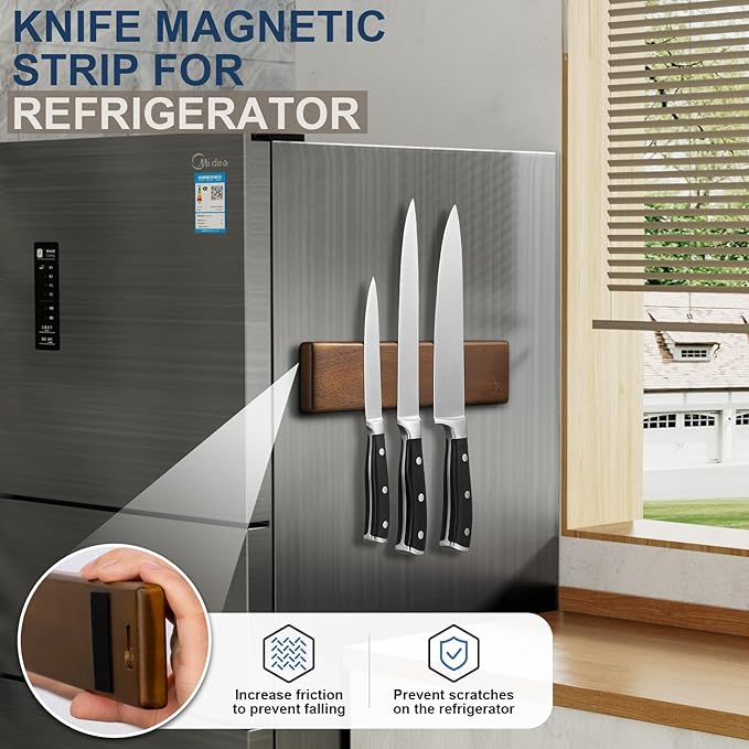 ENOKING 10Inch Magnetic Knife Holder for Refrigerator - Acacia Wood Knife Strip with Exquisite Gold-Foil Gift Box - Compact Knife Bar with 2 Hooks, No Drilling Solution