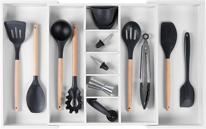 KitchenEdge Utensil & Junk Drawer Organizer, 16-28 in, White Bamboo