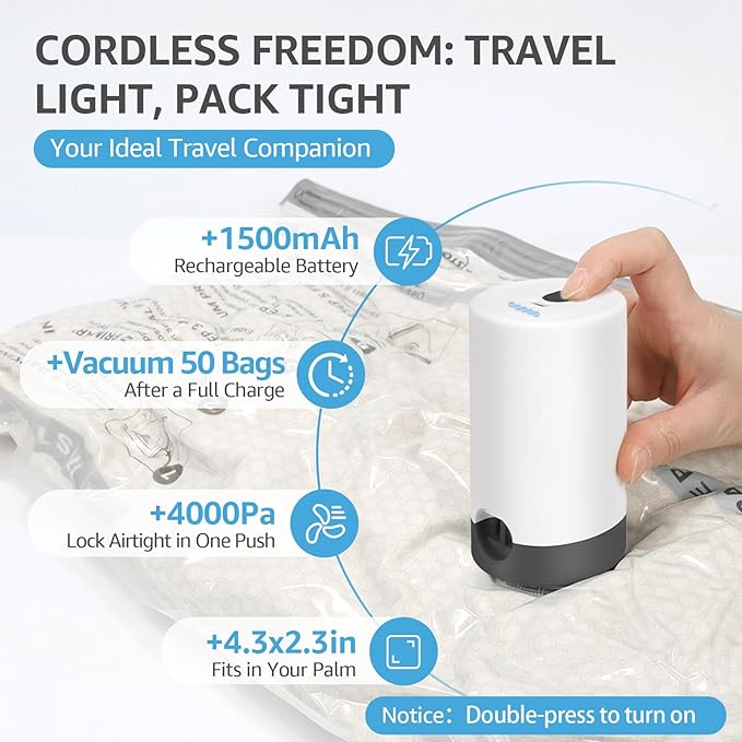 15+1 Packs Vacuum Bags for Travel with Rechargeable Pump, 3 Sizes Vacuum Seal Bags for Clothing, Compression Vacuum Travel Bags for Luggage, Vacuum Packing Bags for Closet Organization
